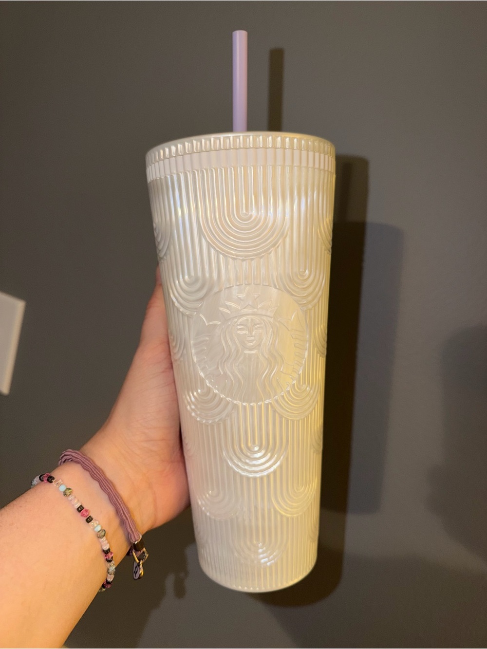 Starbucks Cream Textured Reusable Tumbler with Light Purple Straw